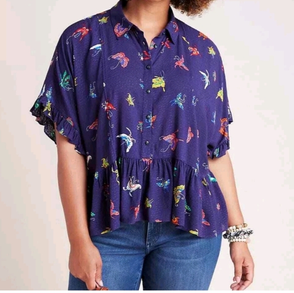 Anthropologie Maeve navy blue and colorful butterfly Blouse size M - Picture 3 of 12